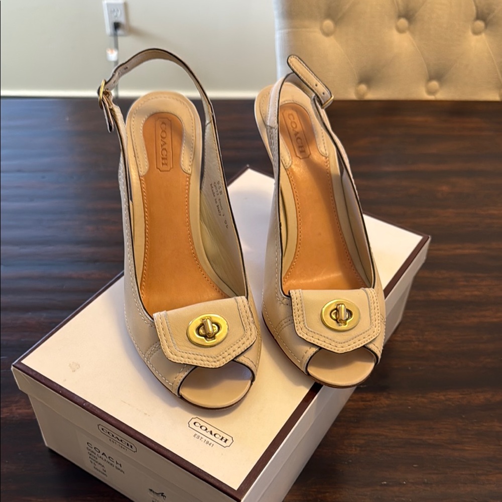 Coach Cream Slingback Heels with Metallic Detail